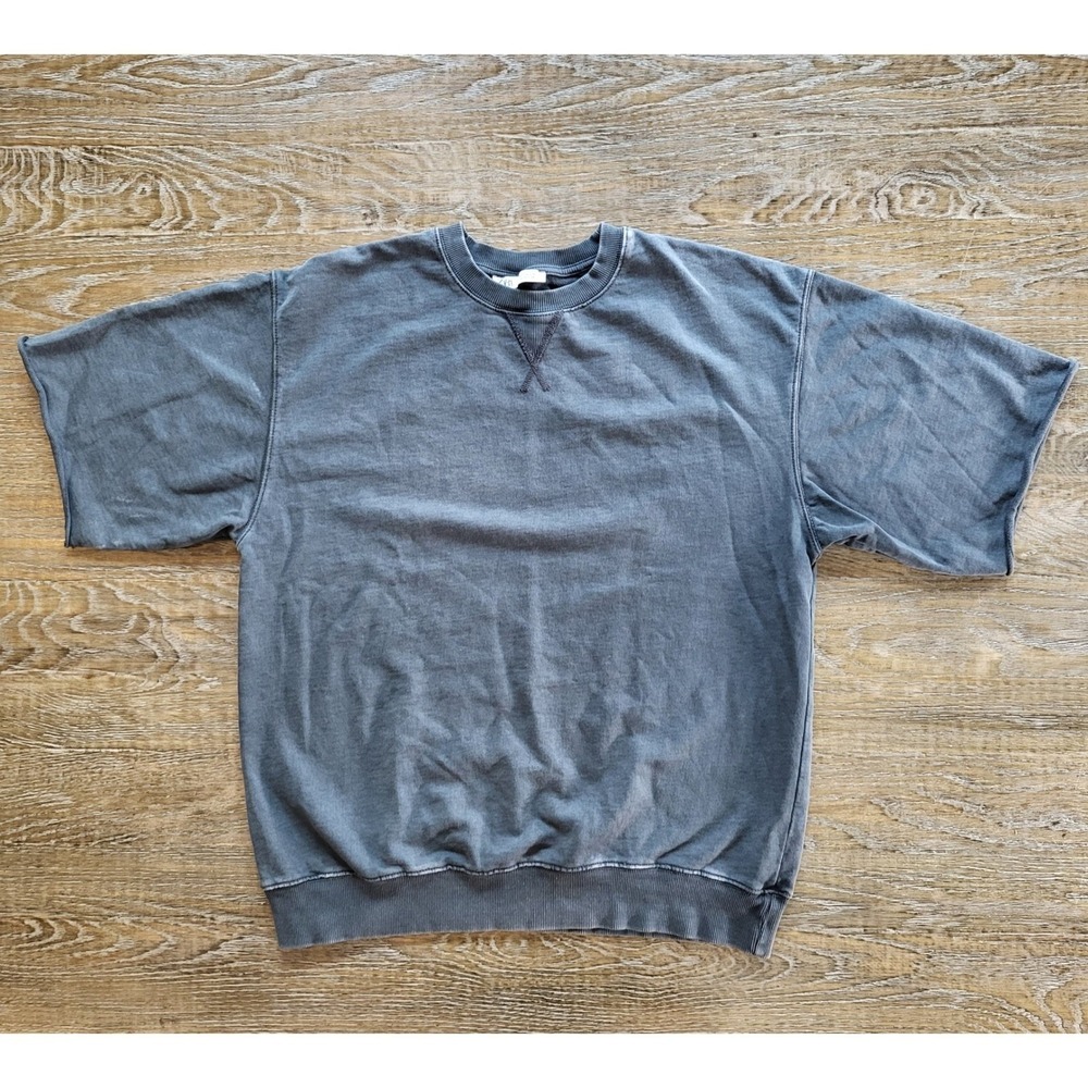 Zara Mens Short Sleeve Sweatshirt Charcoal Grey Raw Edge Crew Neck Small